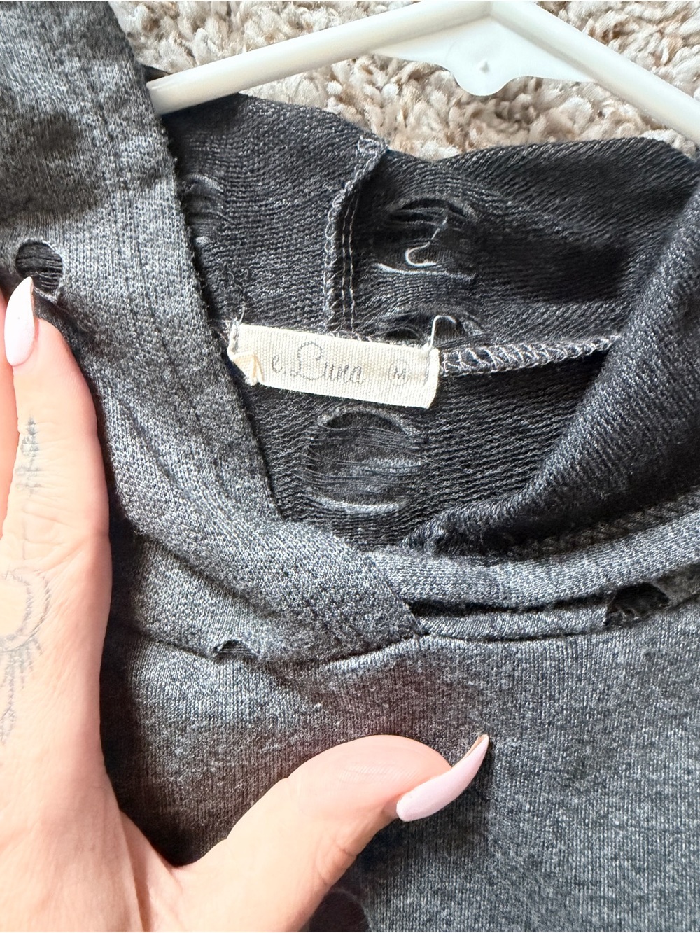 Women's Distressed Cold-Shoulder Hoodie Sweater - Gray - Picture 2 of 4